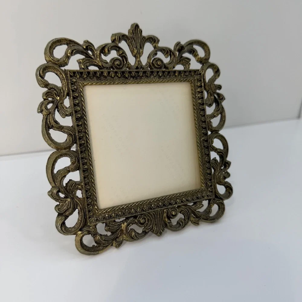 Vintage Brass Ornate Filigree Picture Frame Rococo Scroll Tabletop‎ 3x3 Small